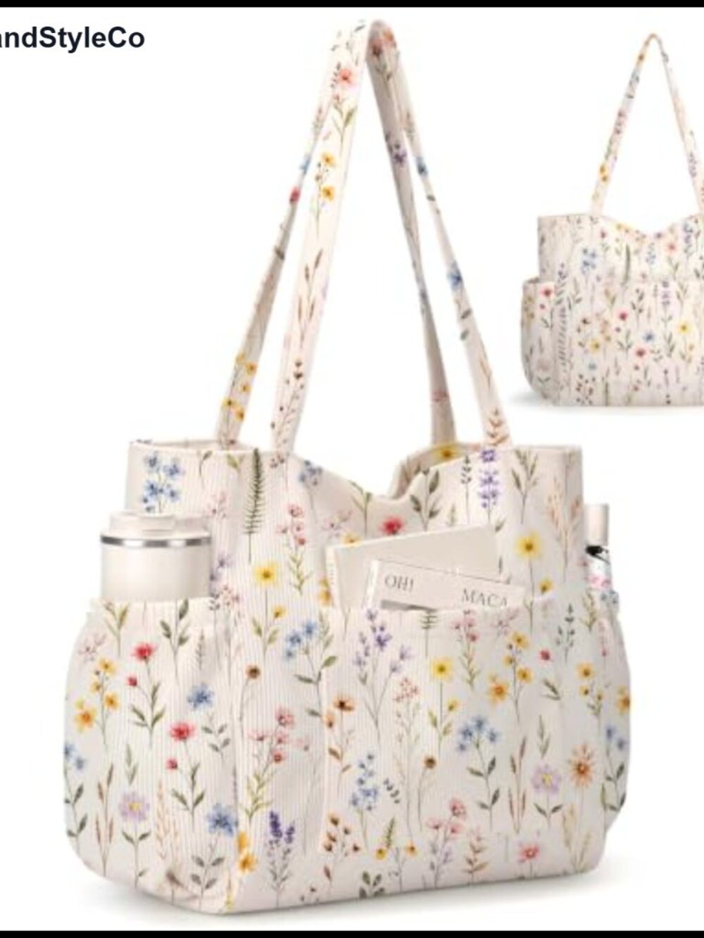 Corduroy Tote Bag Large Capacity Tote with 6 Pockets for Work Travel Gym